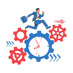 Drawing sketch time management, control. Vector illustration cartoon design. Isolated on background. Businessman run along gear in form of clock. Organization of process.