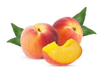 Two ripe peach fruit with slice and leaf