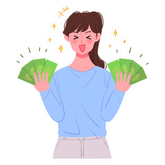 A smiling woman holding both hands full of money. Business concept vector illustration.