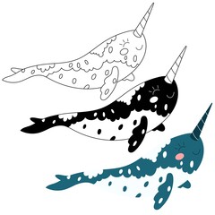 Children's illustration of a narwhal in black and white, color and linear version on a white background. For a children's magazine, postcards, educational toys, coloring pages, stickers. Sea animals © Nika