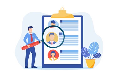 Headhunters searching for employee. man worker of recruiting service with magnifying glass looking for best candidate cv, recruitment agency. Vector illustration in flat style