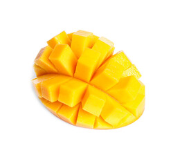 Cut fresh juicy mango on white background