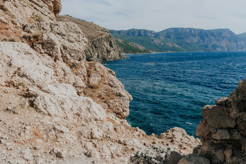 Nice view of the sea and rocks. Sea top view. Landscapes of Greece. Crimea Sevastopol Balaklava.