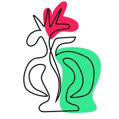 Flower in vase in line art style on white background. Vector abstract illustration for polygraphy, packages, web, etc