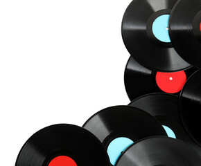 Vintage vinyl records on white background, top view