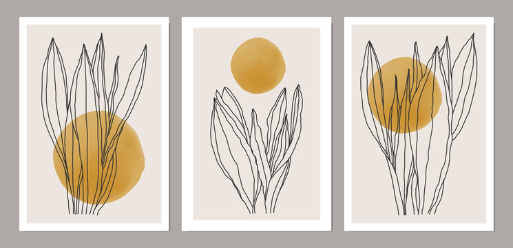Set Of Minimalist Botanical Line Art Composition With Leaves Abstract Collage