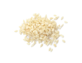 Pile of sesame seeds on white background, top view