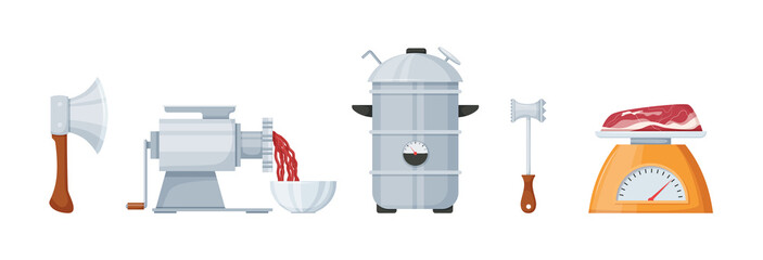 Kitchen accessories for cutting and cooking meat. Meat grinder in action, scales with meat tenderloin, hammer for beating steaks, smokehouse, hatchet cartoon vector illustration
