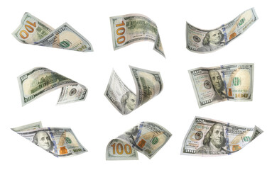 Dollar banknotes flying on white background, collage