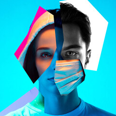 Together. Young man's portrait made of different pieces of faces, modern art collage. New vision of...