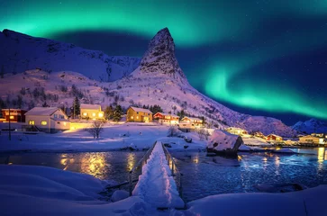 Peel and stick wall murals Lofoten Amazing wintry landscape of Lofoten. Fantastic Winter seascape during sunset. majestic mountains with northern lights. picturesque nature scenery. creative image. Nature background. Traveling concept