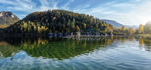 Beautiful summer day on Altaussee lake. Wonderful Picturesque scene. Famous alpine resort of the Europe, Lake Altausseer, Salzkammergut, Austria. Concept ideal resting place. Creative image.