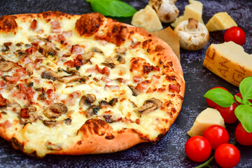 Tasty hot italian carbonara pizza with ham, bechamel sauce,mushroom,tomatoes  and cheese. Pizzeria menu. Concept poster for Restaurants or pizzerias. Top view