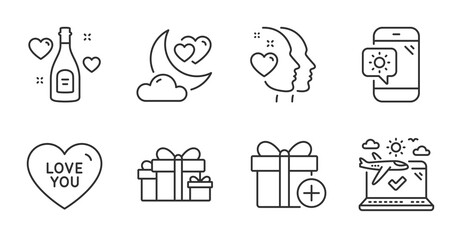 Love champagne, Airplane travel and Love night line icons set. Weather phone, Heart and Holiday presents signs. Add gift symbol. Valentines day, Check in, Romantic evening. Holidays set. Vector