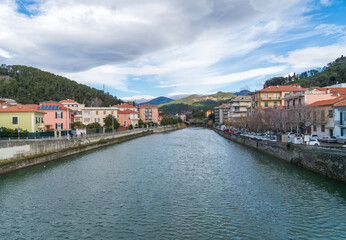 Fototapeta na wymiar The Petronio river flowing into the Ligurian Sea, in the bay of Riva Trigoso, Sestri Levante, Genoa, Italy