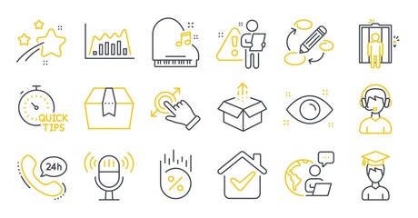 Set of Business icons, such as Touchscreen gesture, Health eye, Infographic graph symbols. Loan percent, Quick tips, Package box signs. Consultant, Microphone, Elevator. Student, Send box. Vector