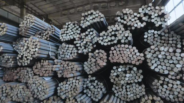 Round metal blank, metal blank, warehouse of metal billets at the factory.