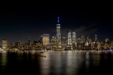 View of Lower Manhattan skyline and Financial District New York City taken from Jersey City, New Jersey showing the Hudson River