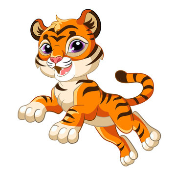 Cute jumping tiger cartoon character vector illustration