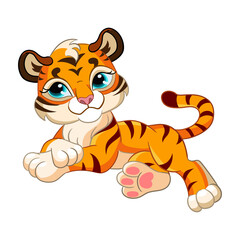 Cute lying tiger cartoon character vector illustration