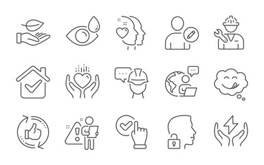Edit user, Safe energy and Refresh like line icons set. Hold heart, Foreman and Unlock system signs. Checkbox, Leaf and Yummy smile symbols. Heart, Eye drops and Repairman. Line icons set. Vector