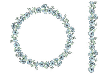 A wreath of flowers and chicory branches, a border in light pastel shades. Vector illustration for design, directory, postcards, manual, invitations, cafe,  posters, packaging.