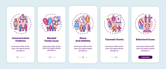 Online family therapy types onboarding mobile app page screen with concepts. Communication problems walkthrough 5 steps graphic instructions. UI vector template with RGB color illustrations