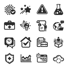 Set of Science icons, such as Manual doc, First aid, Chemistry lab symbols. Coronavirus, Infochart, Eco energy signs. Quick tips, Cloud sync, Medical shield. Augmented reality, Clock. Vector