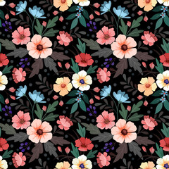 Colorful hand draws flowers and leaves on black background seamless pattern for fabric textile wallpaper and backdrop.