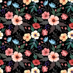 Abwaschbare Fototapete Colorful hand draws flowers and leaves on black background seamless pattern for fabric textile wallpaper and backdrop. © Orlandoit