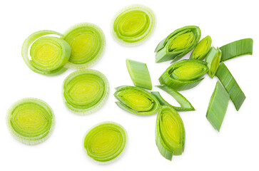 sliced leek isolated on white background. with clipping path. top view