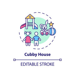 Obraz na płótnie Canvas Cubby house concept icon. Outdoor family activities. Small play house or area for children. Place for fun idea thin line illustration. Vector isolated outline RGB color drawing. Editable stroke