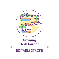 Growing herb garden concept icon. Indoor family activities. Creating green area in house with children idea thin line illustration. Vector isolated outline RGB color drawing. Editable stroke