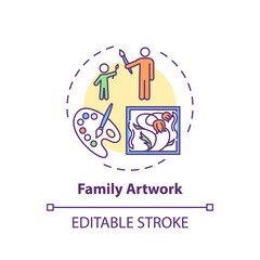 Family artwork concept icon. Indoor family activities. Creating beautiful pictures with children. Kid creativity idea thin line illustration. Vector isolated outline RGB color drawing. Editable stroke