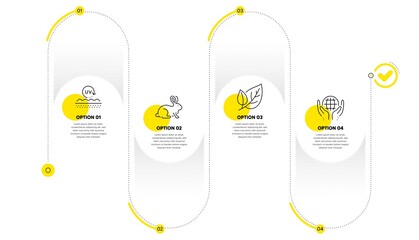Leaf, Animal tested and Uv protection line icons set. Timeline process infograph. Organic tested sign. Ecology, Bio product, Skin cream. Safe nature. Healthcare set. Infographics plan timeline. Vector