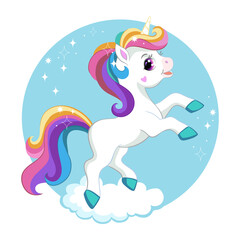 Cute cartoon unicorn with rainbow mane vector illustration