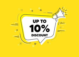 Up to 10 percent Discount. Megaphone yellow vector banner. Sale offer price sign. Special offer symbol. Save 10 percentages. Thought speech bubble with quotes. Vector