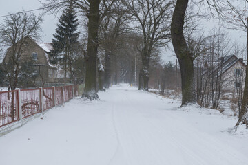 Wiejska droga zimą, pokryta grubą warstwą śniegu. - obrazy, fototapety, plakaty