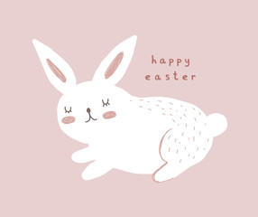 Happy Easter. Simple Easter Holidays Vector Card. Cute Hand Drawn Bunny Isolated on a Pastel Pink Background. Lovely Easter Print with White Slipping Rabbit.