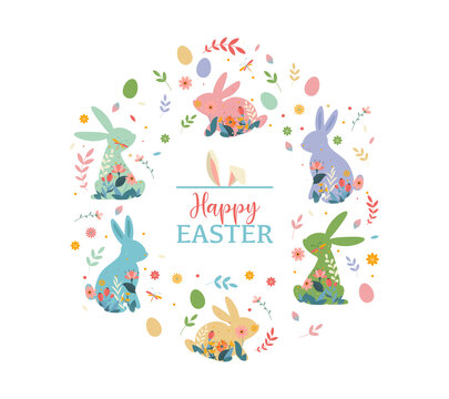 Happy Easter vector illustrations with bunnies of different colours, rabbits decorated with flowers on white background