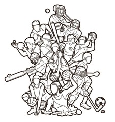 Sport Players Action Mix Cartoon Outline Graphic Vector - obrazy, fototapety, plakaty