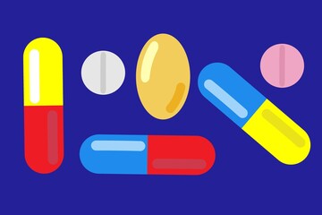 Medications. Pharmaceutical product set. Capsules, tablets, pills set. Pharmaceutical dosage forms. Vector graphic. Isolated on blue background. Medicament or vitamins. Medical and healthcare concept