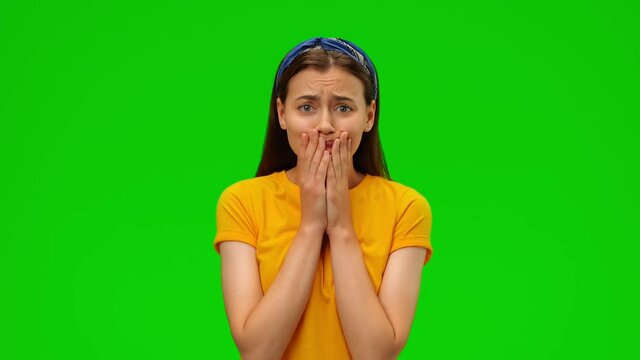 I'm sorry! Regretful girl keeps palms together, apologizes for something, begs to forgive. Alpha channel