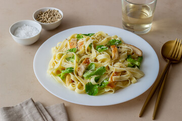Italian fetuccini alfredo pasta with chicken. National cuisine. Healthy eating.