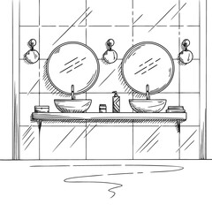 Bathroom sketch. Two washbasins, two round mirrors and other design elements. Vector - 419119758