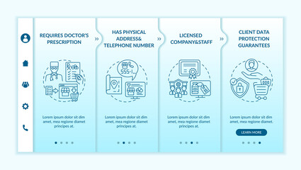 Safe online pharmacy signs onboarding vector template. Licensed company. Requires doctors prescription. Responsive mobile website with icons. Webpage walkthrough step screens. RGB color concept