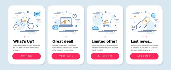 Set of Finance icons, such as Graph laptop, Shopping cart, Graph chart symbols. Mobile screen app banners. Fast payment line icons. Mobile report, Online buying, Get report. Finance transfer. Vector