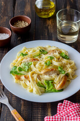 Italian fetuccini alfredo pasta with chicken. National cuisine. Healthy eating.
