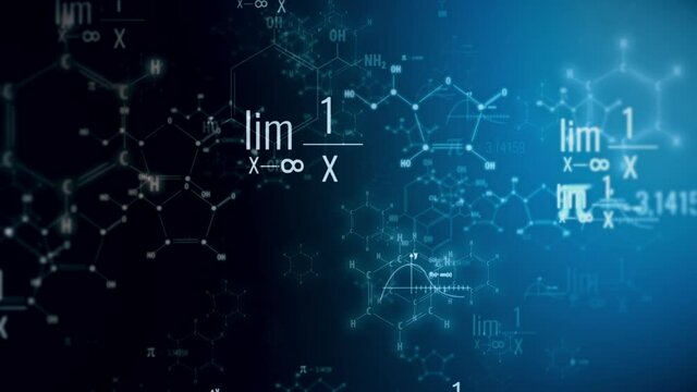 Science background. Math and chemistry formulas and equations fly in seamless loop