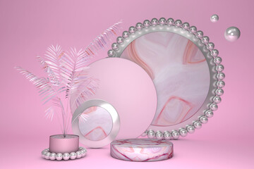 3D bright pink marble pedestal podium steps with palm tree for brand promotion product. Creative bright background for advertising presentation. Stand base mockup. Spring summer colors